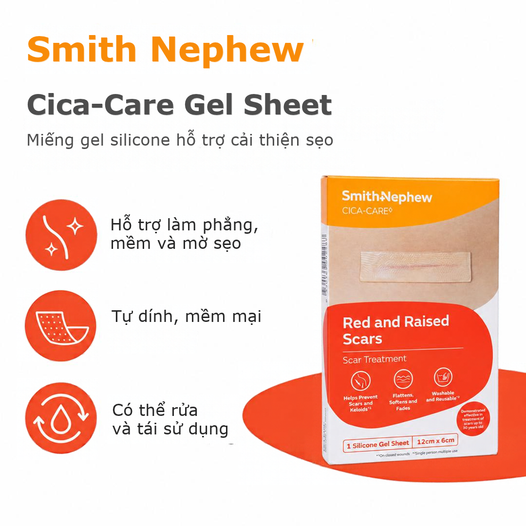 Miếng dán gel silicone CICA-CARE Smith+Nephew hỗ trợ chăm sóc sẹo lồi, sẹo phì đại