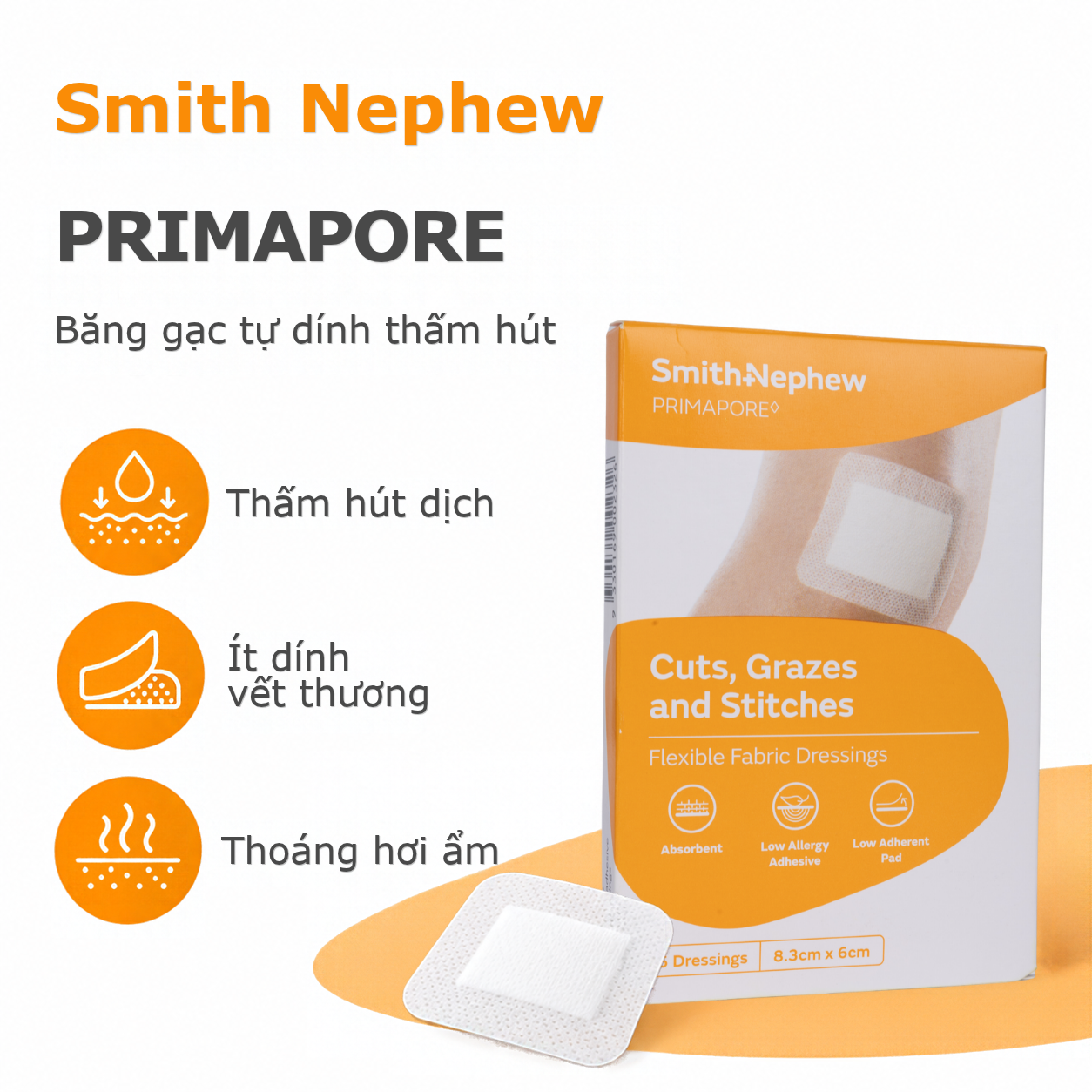 Băng vết thương Smith+Nephew Primapore ít dính, thấm hút, thoáng khí, 8,3 x 6 cm - Hộp 5 miếng 